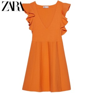 zara橙色连衣裙 女装 叠层装饰针织连衣裙 067710