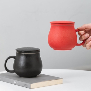 苹果造型陶瓷马克杯茶水分离泡茶杯带盖过滤器办公杯家用水杯子，