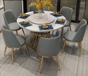 东居品牌现代简约大理石圆餐桌椅组合家用圆形.大理石桌面金属腿