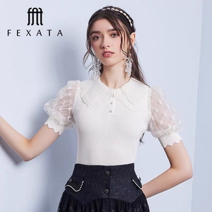 fexata/斐格思夏新品上衣女复古网纱灯笼修身针织衫