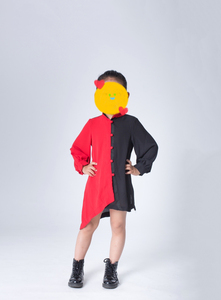 中国风女童衬衫式红黑拼接色长袖连衣裙，国风少年服饰110码，