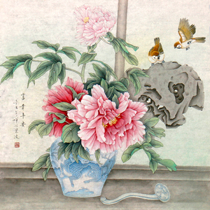 拍下减200李叶波富贵平安带合影 名家纯手绘工笔牡丹花鸟画玄关