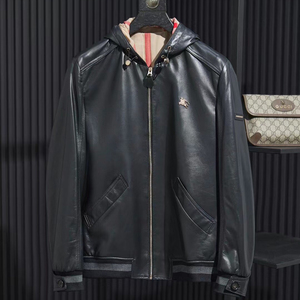 巴宝莉男士真皮皮衣连帽休闲春秋短款皮夹克外套绵羊皮深蓝