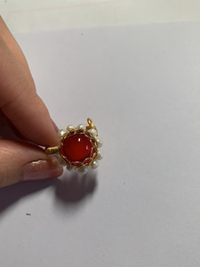 红岗石珍珠绕线戒指，纯天然珍珠