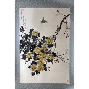 朝鲜国画花鸟拍卖 已故功勋艺术家 金基万 菊花与麻雀 已托裱精品