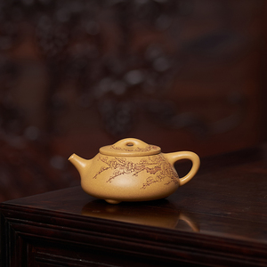 国工张洁手工制原矿黄段泥小满瓢带刻绘160cc宜兴紫砂实用茶具