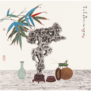 勾奇志《清玩图》手绘工笔竹子太湖石蝈蝈罐斗方国画真迹原稿拍卖