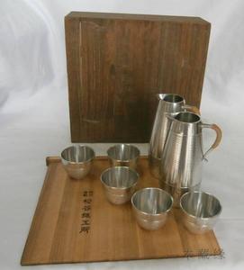 日本锡器 茶具酒具酒壶 5只杯子+2只酒壶 原配木盒 带底款 现货