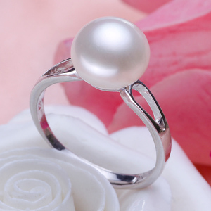 亮丽珍珠正品特价8mm一9mm天然淡水扁圆珍珠戒指指环925银可调节