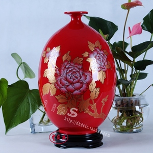 中国红瓷橄榄瓶法兰瓷花瓶漆线雕德化瓷家居瓷器饰品30cm