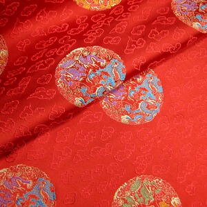 大红色祥云二龙戏珠龙图案织锦缎面料/丝绸缎子布料/唐装0.5米