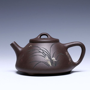 壶博士王立芬〖泥绘兰花石瓢〗  紫泥 宜兴紫砂壶 全手工特价名家