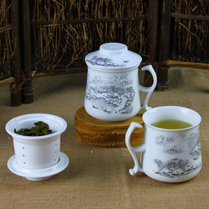 创意办公室陶瓷茶杯三件套 带茶隔瓷杯 青花瓷带盖过滤网杯子包邮
