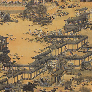 明清中式古画墙纸 亭台楼阁中国风 酒楼茶楼包厢大面积铺贴壁纸