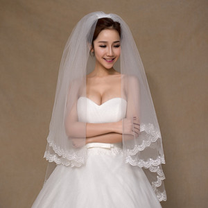包邮 新款新娘结婚婚纱礼服头纱 韩式简约双层蕾丝花边头纱特价
