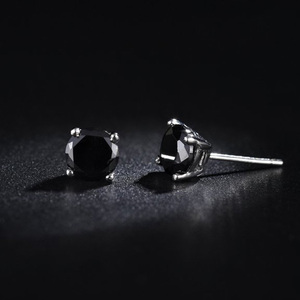 s925纯银黑曜石四爪耳钉个性男女情侣爆款银耳饰 送银耳堵