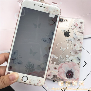 碎花iphone7plus钢化膜手机壳6适用于苹果保护套8p软边彩膜硅胶钻