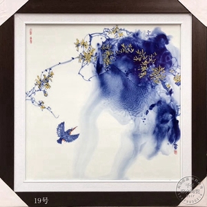景德镇陶瓷瓷板画壁画名家手绘青花泼墨艺术荷花鱼正方形客厅挂画