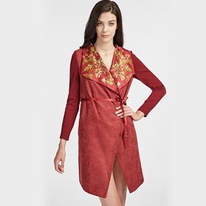 兰丝绘女装正品秋冬款27056山羊绒针织麂皮绒拼接真丝领长袖风衣