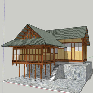 江南中式传统吊脚楼民宿客栈民居别墅木屋 su模型吊脚楼skp模型