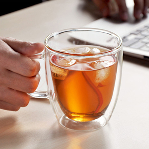 创意玻璃杯带手柄咖啡杯茶杯隔热 带把双层花茶杯啤酒杯透明400ml