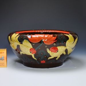 宜兴均陶堆花 国工 全手工大拇指堆花【鸿运当头】大水洗 金鱼缸