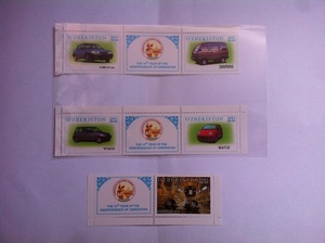 乌兹别克斯坦2001年独立10周年国产汽车及流水生产线邮票6全+附票