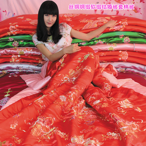 丝绸绸缎结婚被面被套织锦缎真丝绸缎喜庆结婚软缎红花篮被套被罩