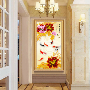 新品玄关挂式风水装饰画锦鲤荷花戏水九鱼图客厅独立挂画年年有鱼