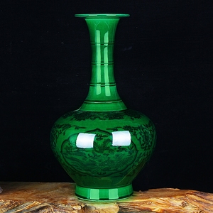 景德镇陶瓷绿釉翡翠花瓶摆件仿古青花瓷瓶双耳瓶暗纹多种造型包邮