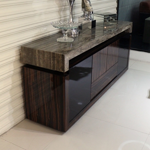 天然正品灰洞石大理石餐边柜款黑檀简约现代餐厅家具可定制包邮