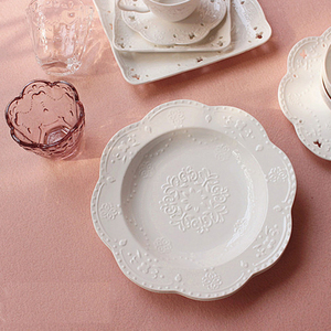 欧式纯白陶瓷餐具创意浮雕蝴蝶图案西餐盘汤盘深菜盘甜品托盘蛋糕