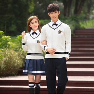 英伦风秋冬新款v领厚长袖毛衣学院韩版班服中学生演出服男女校服