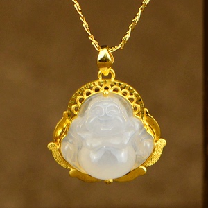 煜利珠宝999足金佛黄金镶缅甸翡翠玉佛吊坠 金镶玉弥勒佛挂件佛公