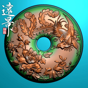 远景 凤凰牡丹平安扣1 带线 精雕图 灰度图jdp精雕 浮雕图 玉雕