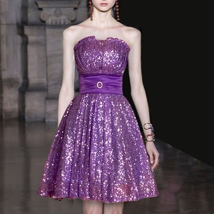 紫色亮片裹胸露肩收腰蓬蓬短款礼服裙伴娘裙夜店风晚礼服特价清仓