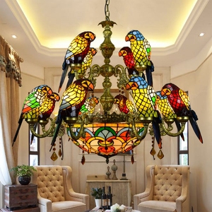 欧琈蒂凡尼彩色玻璃酒吧餐厅创意客厅饭店美式田园玄关鹦鹉吊灯