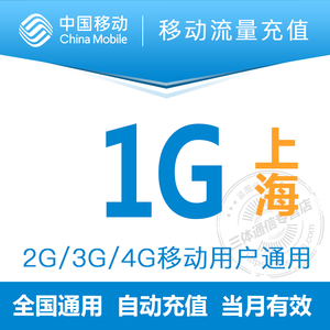 上海移动1G流量充值叠加全国通用2G3G4G用户当月有效手机漫游包