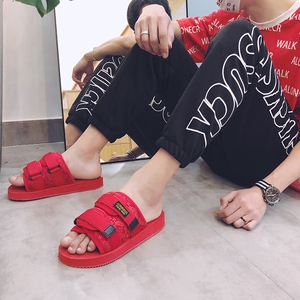 港仔潮牌陈冠希同款一字拖拖鞋男林弯弯红色凉鞋潮流情侣沙滩鞋男