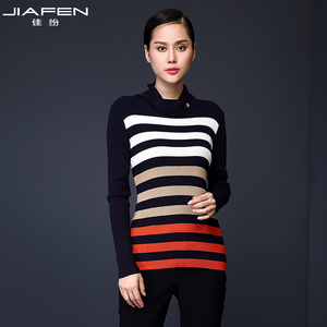 佳纷女装春秋季新款条纹长袖针织上衣中长款修身高领套头毛针织衫