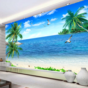 蓝天大海椰树大型墙璧纸定制电视背景墙纸璧布壁画客厅沙发影视墙