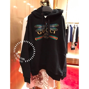 欧洲正品代购 gucci 17秋冬新款 刺绣蜻蜓闪粉logo帽衫