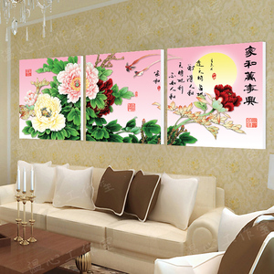 冰晶玻璃装饰画客厅牡丹花壁画沙发背景墙无框画三联画家和万事兴