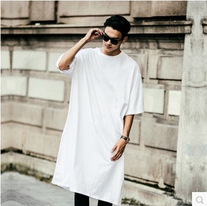 夏季短袖韩版男士超长款过膝白色体恤大款中长半袖t恤宽松衣服