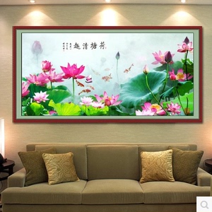 印花十字绣画荷塘情趣新款十字绣客厅大幅荷花池塘九鱼图十字秀