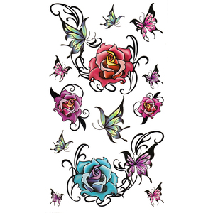 创意玫瑰花蝴蝶纹身贴纸防水女小图案持久性感一次性水转印贴