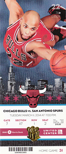 NBA比赛门票 票根 球票 芝加哥公牛队 泰伊 吉布森
