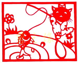 小猫钓鱼故事剪纸窗花纯手工学生儿童幼儿园 双面红宣纸中国特色