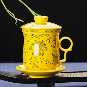 景德镇陶瓷四件杯带盖过滤泡茶杯 子茶具套装办公室个人会议水杯