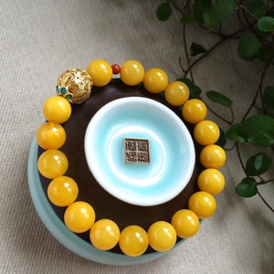 波罗的海天然老蜜蜡手链 配南红吊坠 珐琅银包足金掐丝珠